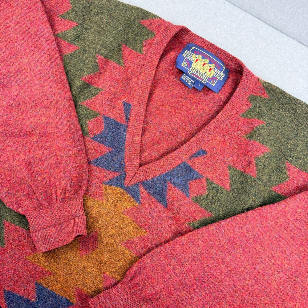 Vintage Chaps Ralph Lauren‎ Aztec Southwestern Wool V-Neck Sweater Red L